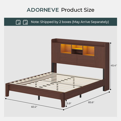 ADORNEVE Wood Queen Bed Frame with Charging Station and LED Lights Mid Century Bed with Storage Headboard and 2 Cabinets 4 Cubbies