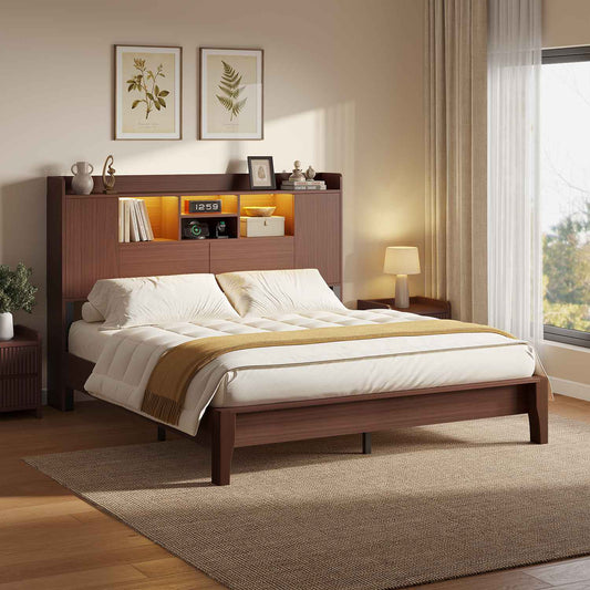 ADORNEVE Wood Queen Bed Frame with Charging Station and LED Lights Mid Century Bed with Storage Headboard and 2 Cabinets 4 Cubbies