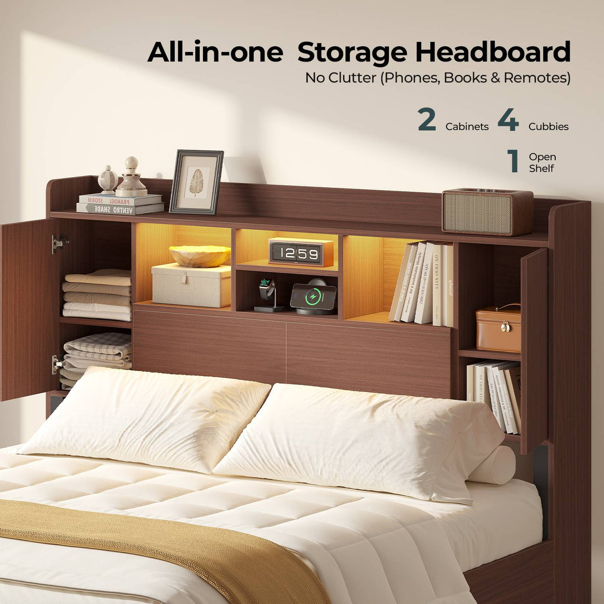 ADORNEVE Wood Queen Bed Frame with Charging Station and LED Lights Mid Century Bed with Storage Headboard and 2 Cabinets 4 Cubbies