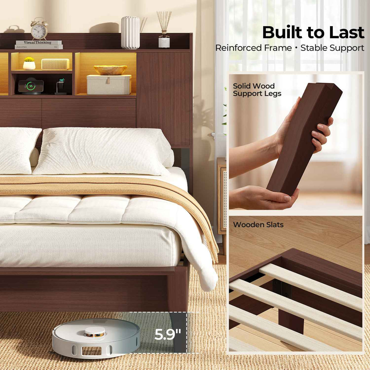 ADORNEVE Wood Queen Bed Frame with Charging Station and LED Lights Mid Century Bed with Storage Headboard and 2 Cabinets 4 Cubbies