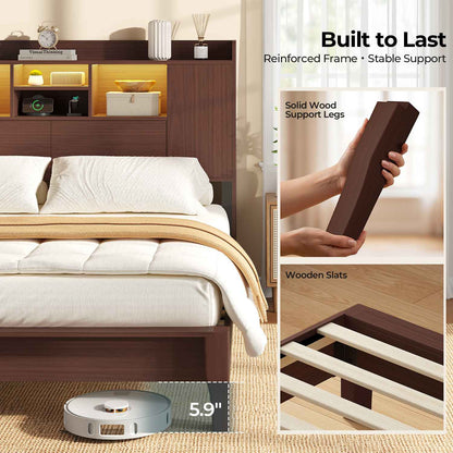 ADORNEVE Wood Queen Bed Frame with Charging Station and LED Lights Mid Century Bed with Storage Headboard and 2 Cabinets 4 Cubbies