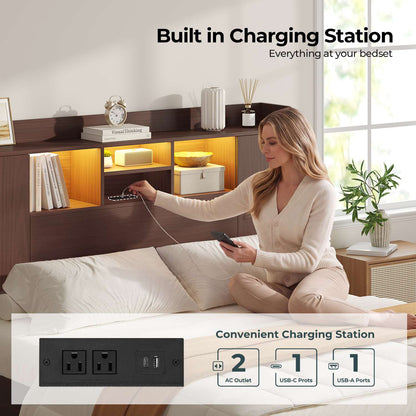 ADORNEVE Wood Queen Bed Frame with Charging Station and LED Lights Mid Century Bed with Storage Headboard and 2 Cabinets 4 Cubbies