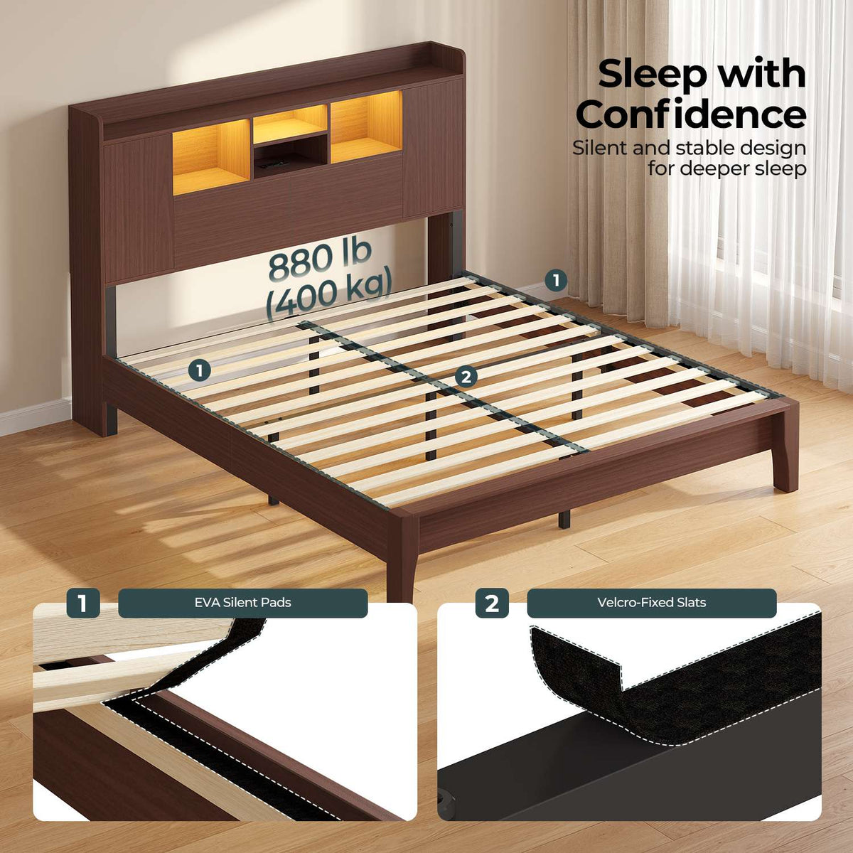 ADORNEVE Wood Queen Bed Frame with Charging Station and LED Lights Mid Century Bed with Storage Headboard and 2 Cabinets 4 Cubbies
