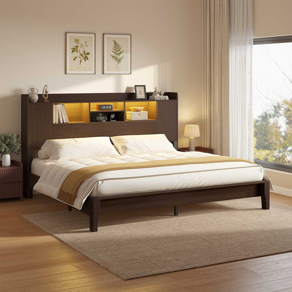 ADORNEVE Wood Queen Bed Frame with Charging Station and LED Lights Mid Century Bed with Storage Headboard and 2 Cabinets 4 Cubbies