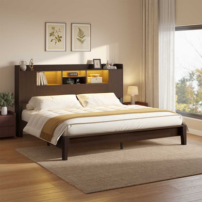 ADORNEVE Wood Queen Bed Frame with Charging Station and LED Lights Mid Century Bed with Storage Headboard and 2 Cabinets 4 Cubbies