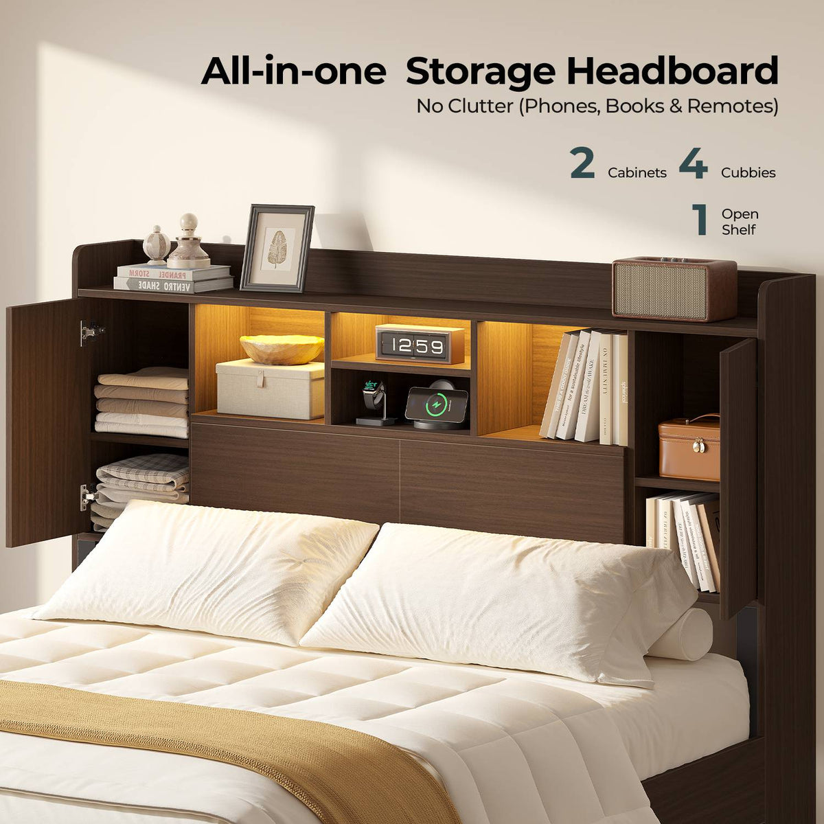 ADORNEVE Wood Queen Bed Frame with Charging Station and LED Lights Mid Century Bed with Storage Headboard and 2 Cabinets 4 Cubbies