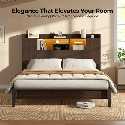 ADORNEVE Wood Queen Bed Frame with Charging Station and LED Lights Mid Century Bed with Storage Headboard and 2 Cabinets 4 Cubbies