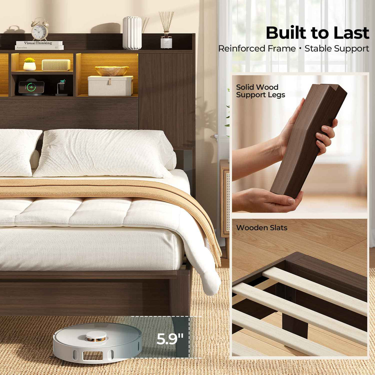 ADORNEVE Wood Queen Bed Frame with Charging Station and LED Lights Mid Century Bed with Storage Headboard and 2 Cabinets 4 Cubbies