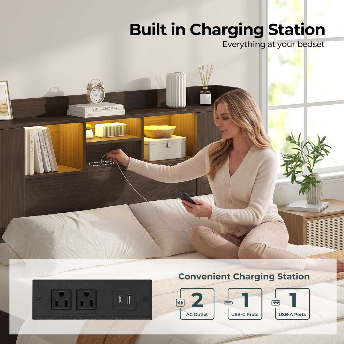 ADORNEVE Wood Queen Bed Frame with Charging Station and LED Lights Mid Century Bed with Storage Headboard and 2 Cabinets 4 Cubbies