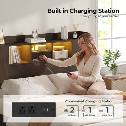 ADORNEVE Wood Queen Bed Frame with Charging Station and LED Lights Mid Century Bed with Storage Headboard and 2 Cabinets 4 Cubbies