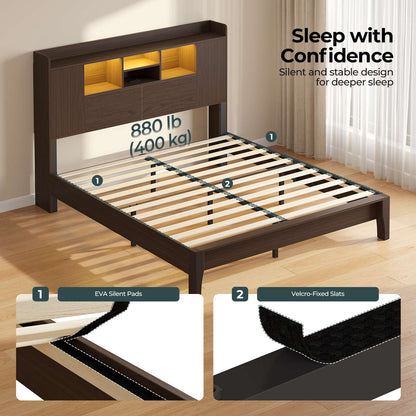 ADORNEVE Wood Queen Bed Frame with Charging Station and LED Lights Mid Century Bed with Storage Headboard and 2 Cabinets 4 Cubbies