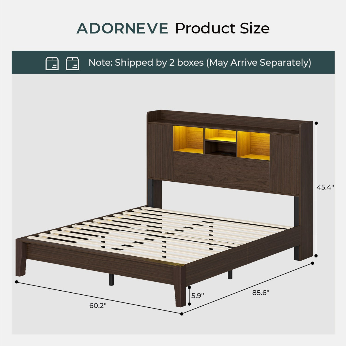 ADORNEVE Wood Queen Bed Frame with Charging Station and LED Lights Mid Century Bed with Storage Headboard and 2 Cabinets 4 Cubbies