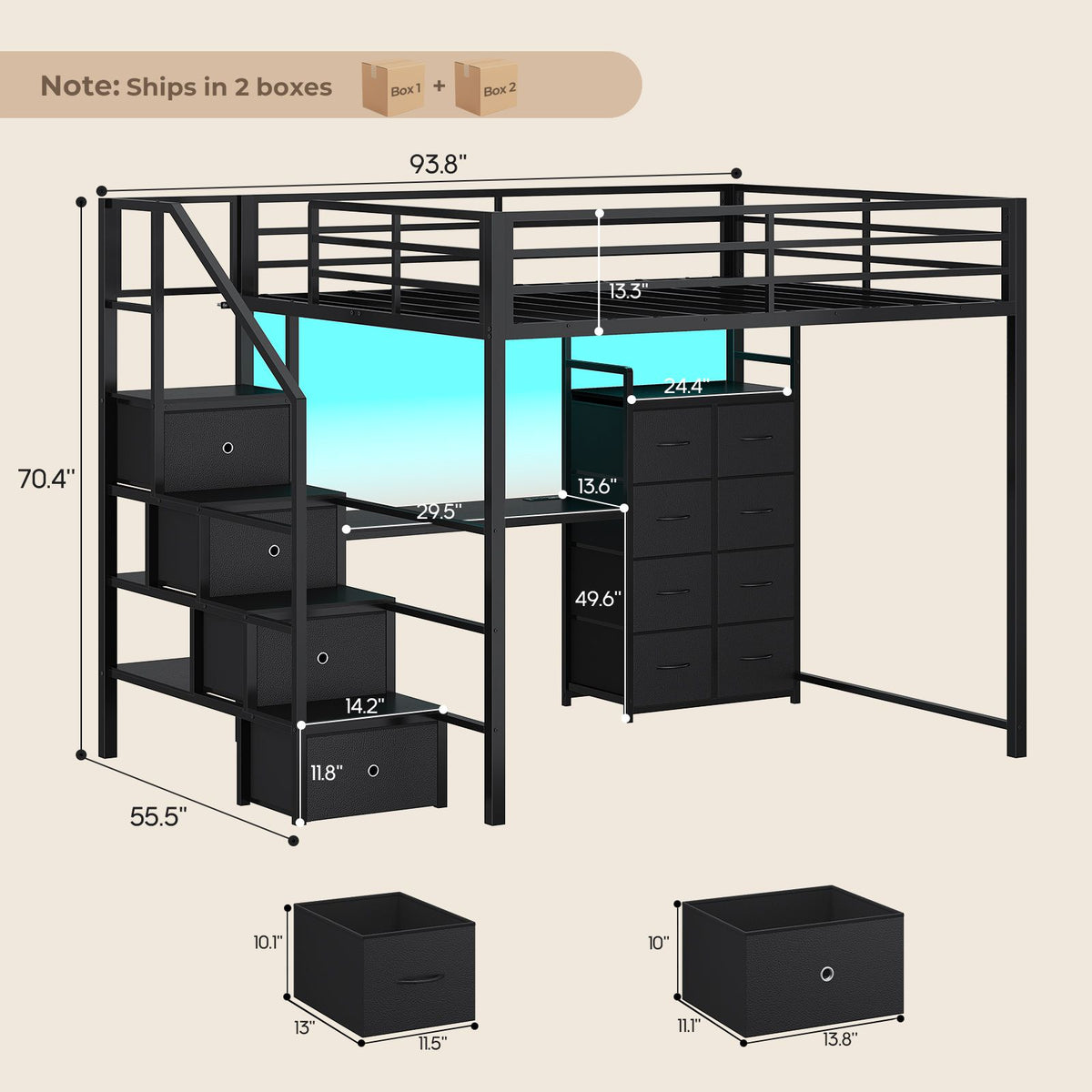 ADORNEVE | Full Size Loft Bed with Desk and Storage Stairs LED Metal Loft Bed with Charging Station and 12 Drawers Open Shelves