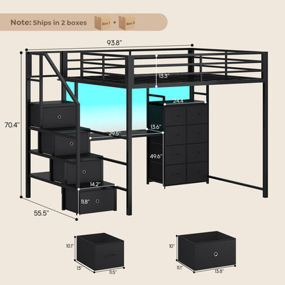 ADORNEVE | Full Size Loft Bed with Desk and Storage Stairs LED Metal Loft Bed with Charging Station and 12 Drawers Open Shelves