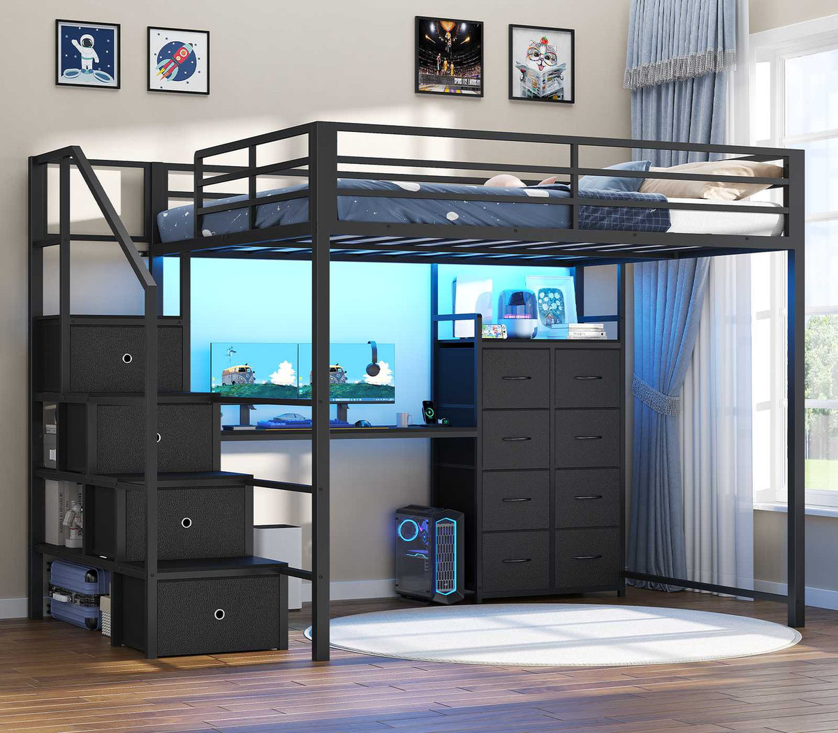 ADORNEVE | Full Size Loft Bed with Desk and Storage Stairs LED Metal Loft Bed with Charging Station and 12 Drawers Open Shelves
