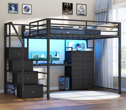 ADORNEVE | Full Size Loft Bed with Desk and Storage Stairs LED Metal Loft Bed with Charging Station and 12 Drawers Open Shelves