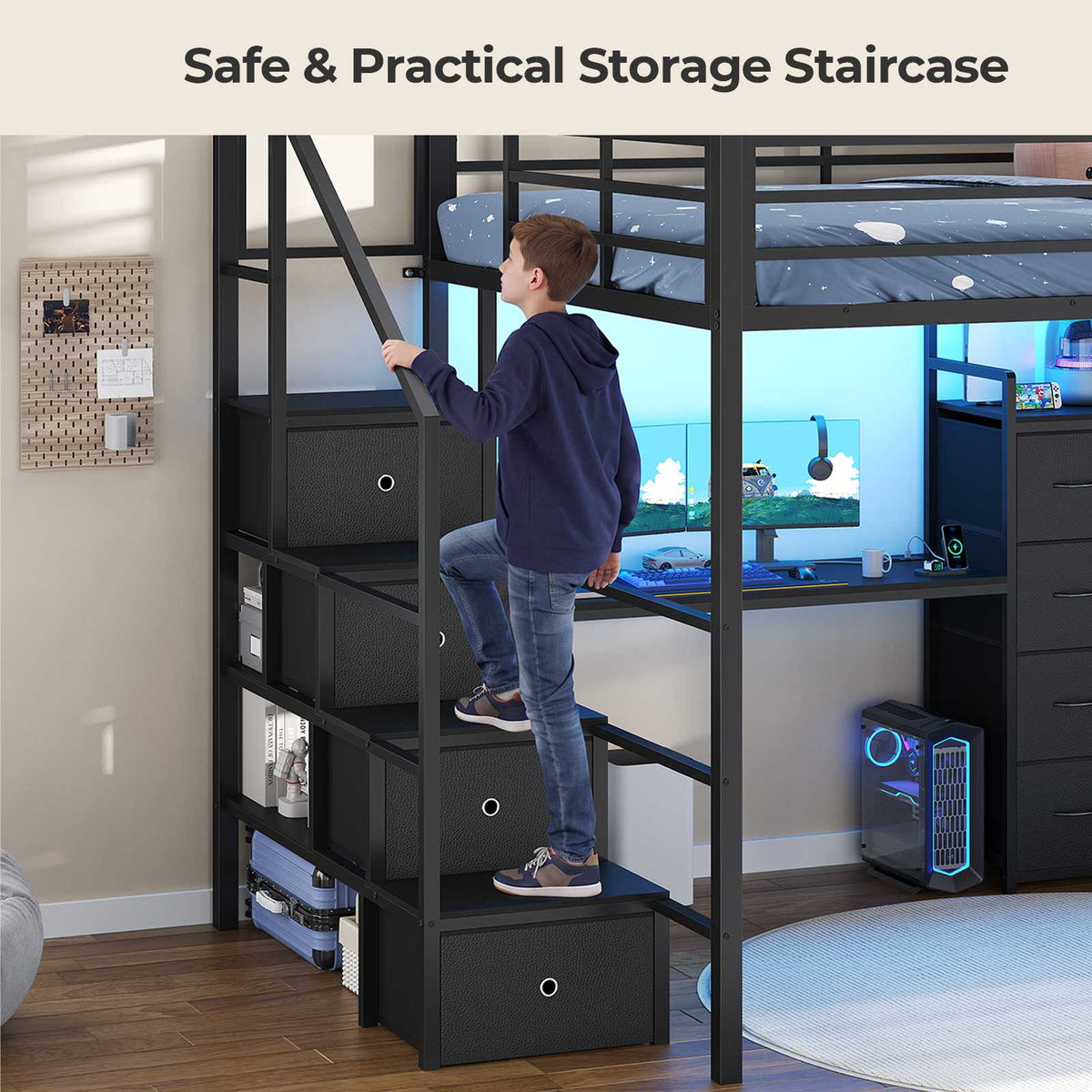 ADORNEVE | Full Size Loft Bed with Desk and Storage Stairs LED Metal Loft Bed with Charging Station and 12 Drawers Open Shelves