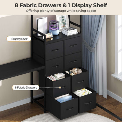 ADORNEVE | Full Size Loft Bed with Desk and Storage Stairs LED Metal Loft Bed with Charging Station and 12 Drawers Open Shelves