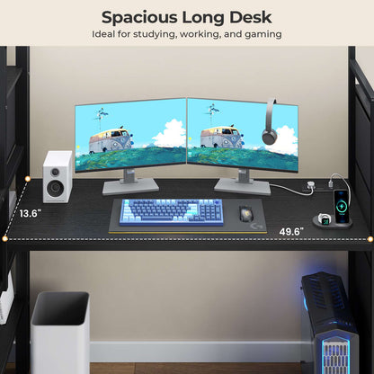 ADORNEVE | Full Size Loft Bed with Desk and Storage Stairs LED Metal Loft Bed with Charging Station and 12 Drawers Open Shelves