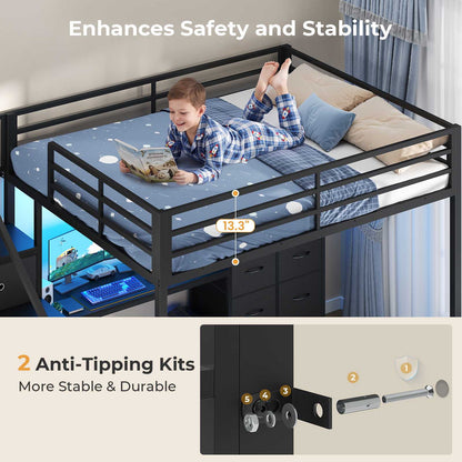 ADORNEVE | Full Size Loft Bed with Desk and Storage Stairs LED Metal Loft Bed with Charging Station and 12 Drawers Open Shelves