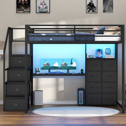 ADORNEVE | Full Size Loft Bed with Desk and Storage Stairs LED Metal Loft Bed with Charging Station and 12 Drawers Open Shelves