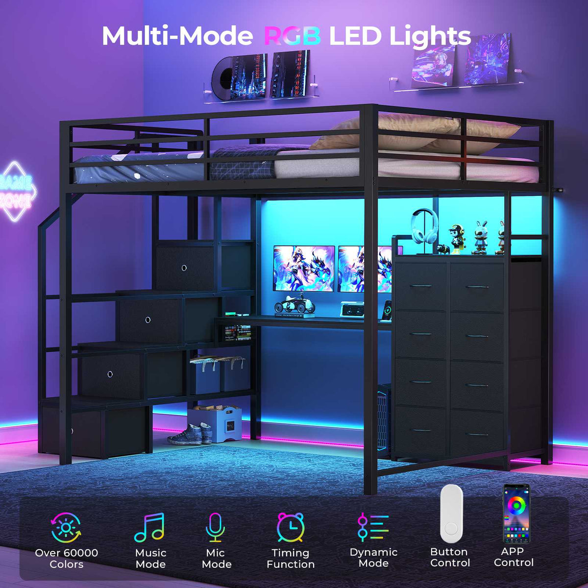 ADORNEVE | Full Size Loft Bed with Desk and Storage Stairs LED Metal Loft Bed with Charging Station and 12 Drawers Open Shelves