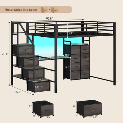 ADORNEVE | Full Size Loft Bed with Desk and Storage Stairs LED Metal Loft Bed with Charging Station and 12 Drawers Open Shelves