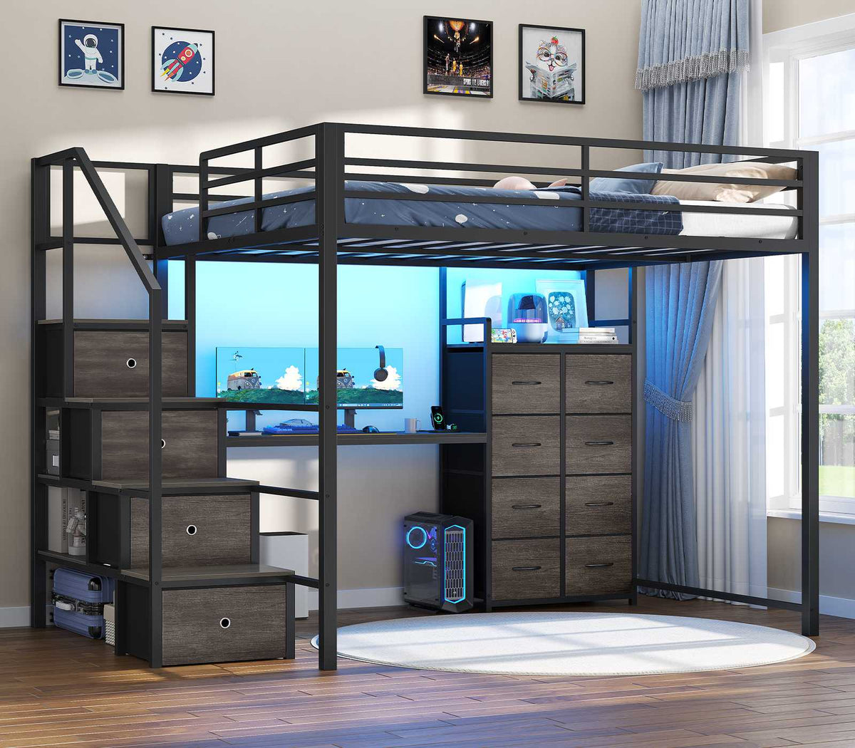 ADORNEVE | Full Size Loft Bed with Desk and Storage Stairs LED Metal Loft Bed with Charging Station and 12 Drawers Open Shelves