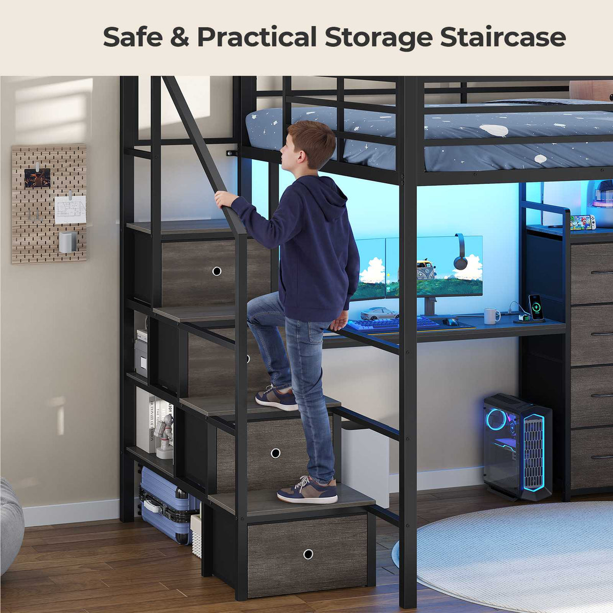 ADORNEVE | Full Size Loft Bed with Desk and Storage Stairs LED Metal Loft Bed with Charging Station and 12 Drawers Open Shelves