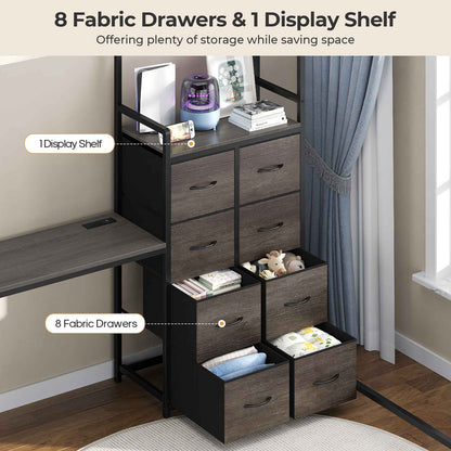 ADORNEVE | Full Size Loft Bed with Desk and Storage Stairs LED Metal Loft Bed with Charging Station and 12 Drawers Open Shelves