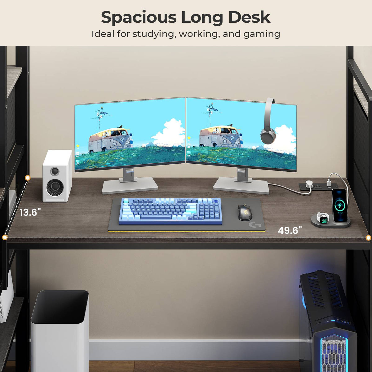 ADORNEVE | Full Size Loft Bed with Desk and Storage Stairs LED Metal Loft Bed with Charging Station and 12 Drawers Open Shelves