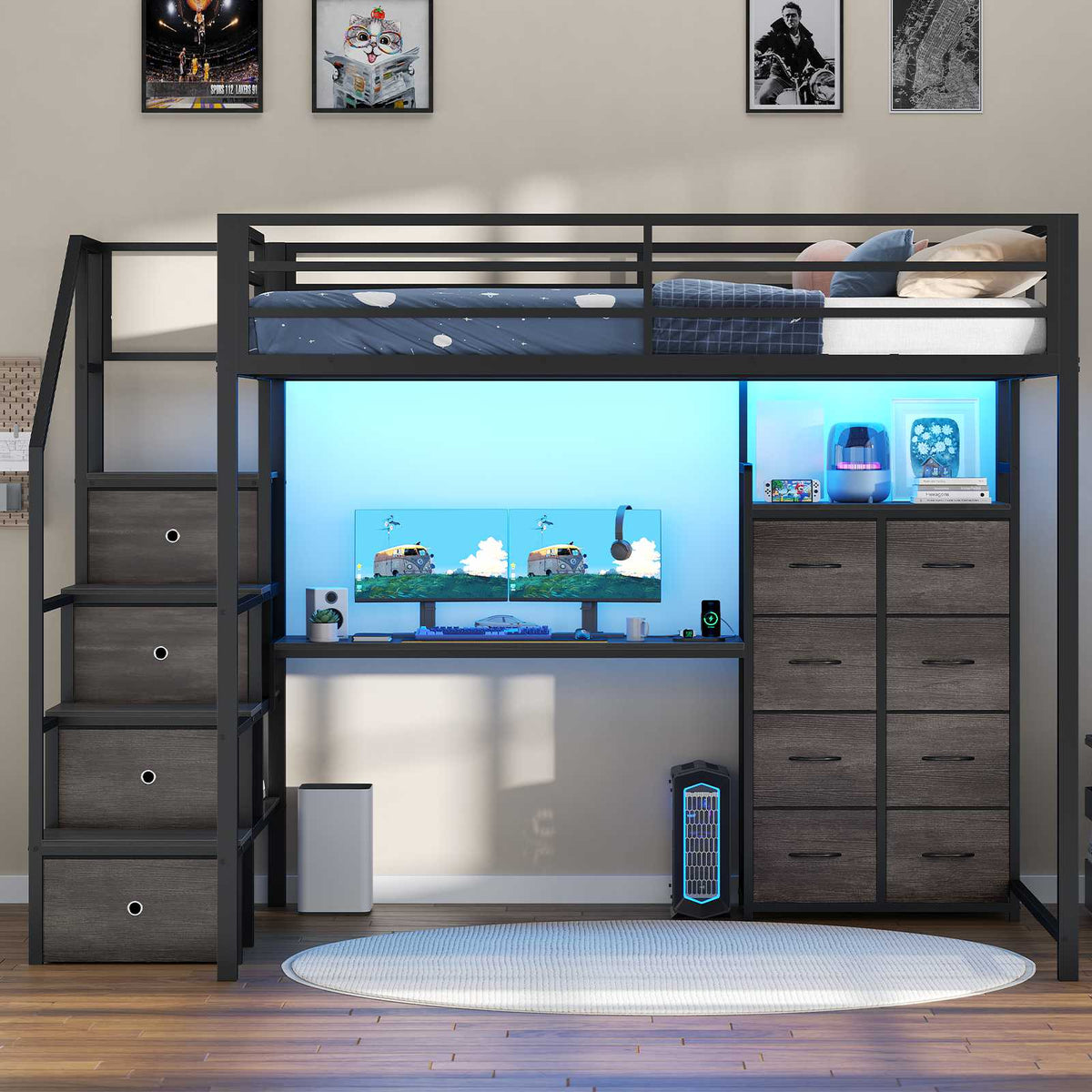 ADORNEVE | Full Size Loft Bed with Desk and Storage Stairs LED Metal Loft Bed with Charging Station and 12 Drawers Open Shelves