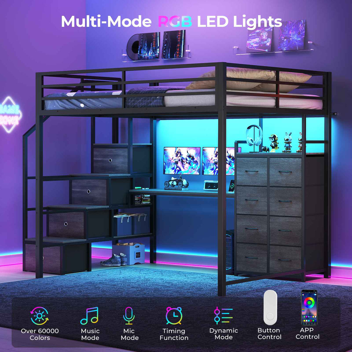 ADORNEVE | Full Size Loft Bed with Desk and Storage Stairs LED Metal Loft Bed with Charging Station and 12 Drawers Open Shelves