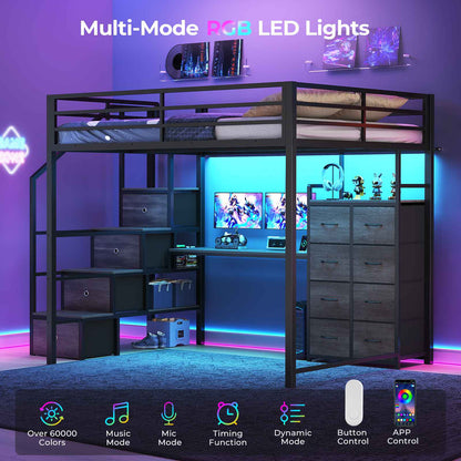 ADORNEVE | Full Size Loft Bed with Desk and Storage Stairs LED Metal Loft Bed with Charging Station and 12 Drawers Open Shelves