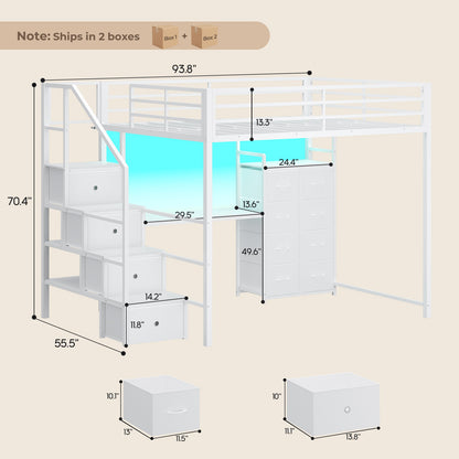 ADORNEVE | Full Size Loft Bed with Desk and Storage Stairs LED Metal Loft Bed with Charging Station and 12 Drawers Open Shelves