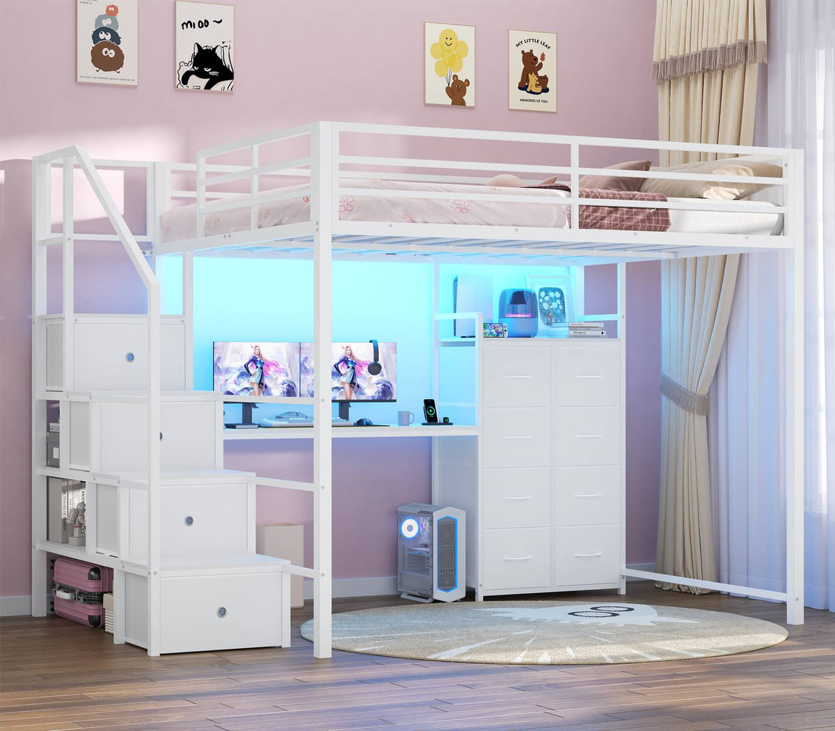 ADORNEVE | Full Size Loft Bed with Desk and Storage Stairs LED Metal Loft Bed with Charging Station and 12 Drawers Open Shelves