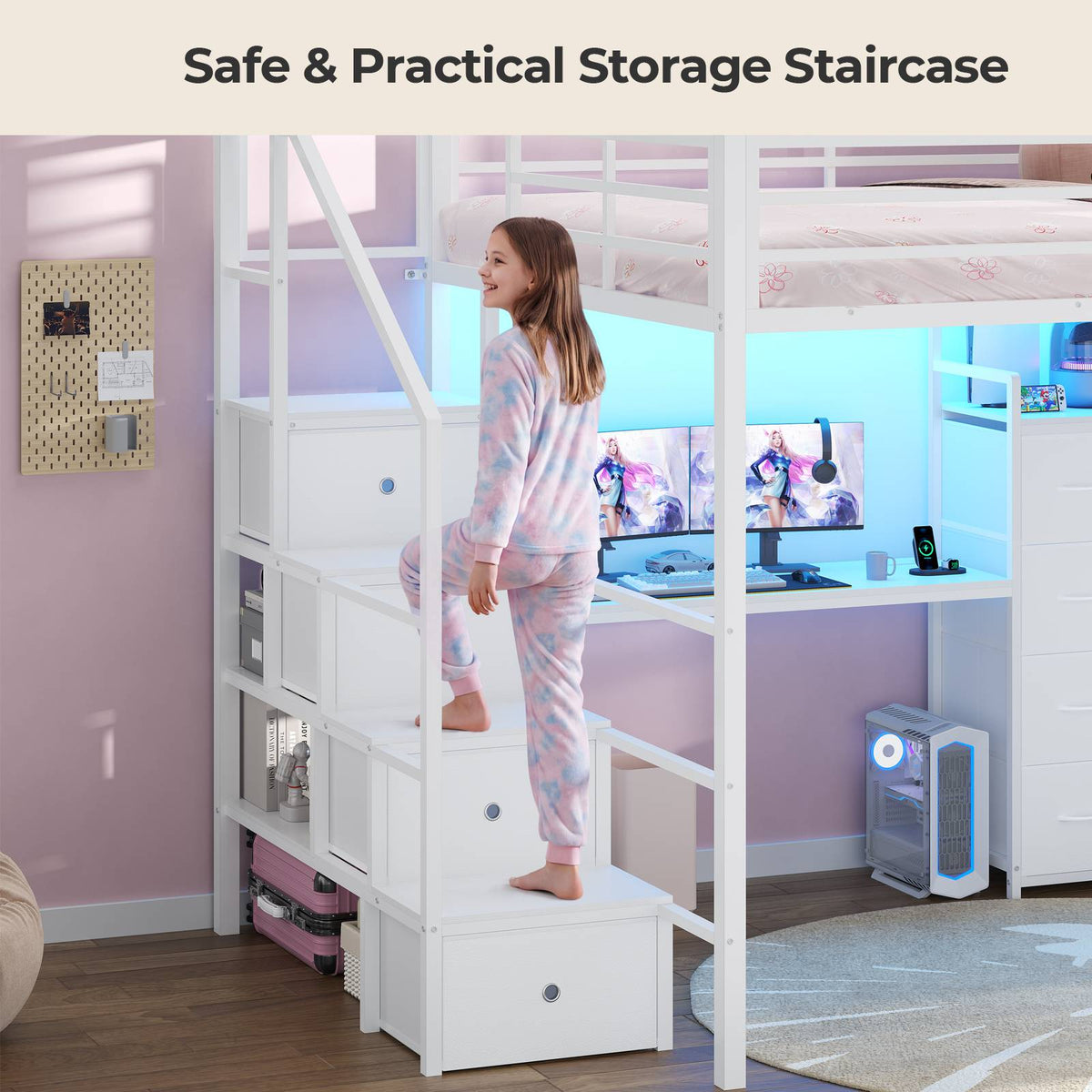 ADORNEVE | Full Size Loft Bed with Desk and Storage Stairs LED Metal Loft Bed with Charging Station and 12 Drawers Open Shelves