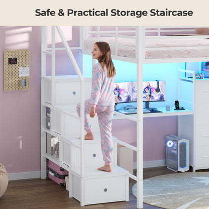 ADORNEVE | Full Size Loft Bed with Desk and Storage Stairs LED Metal Loft Bed with Charging Station and 12 Drawers Open Shelves