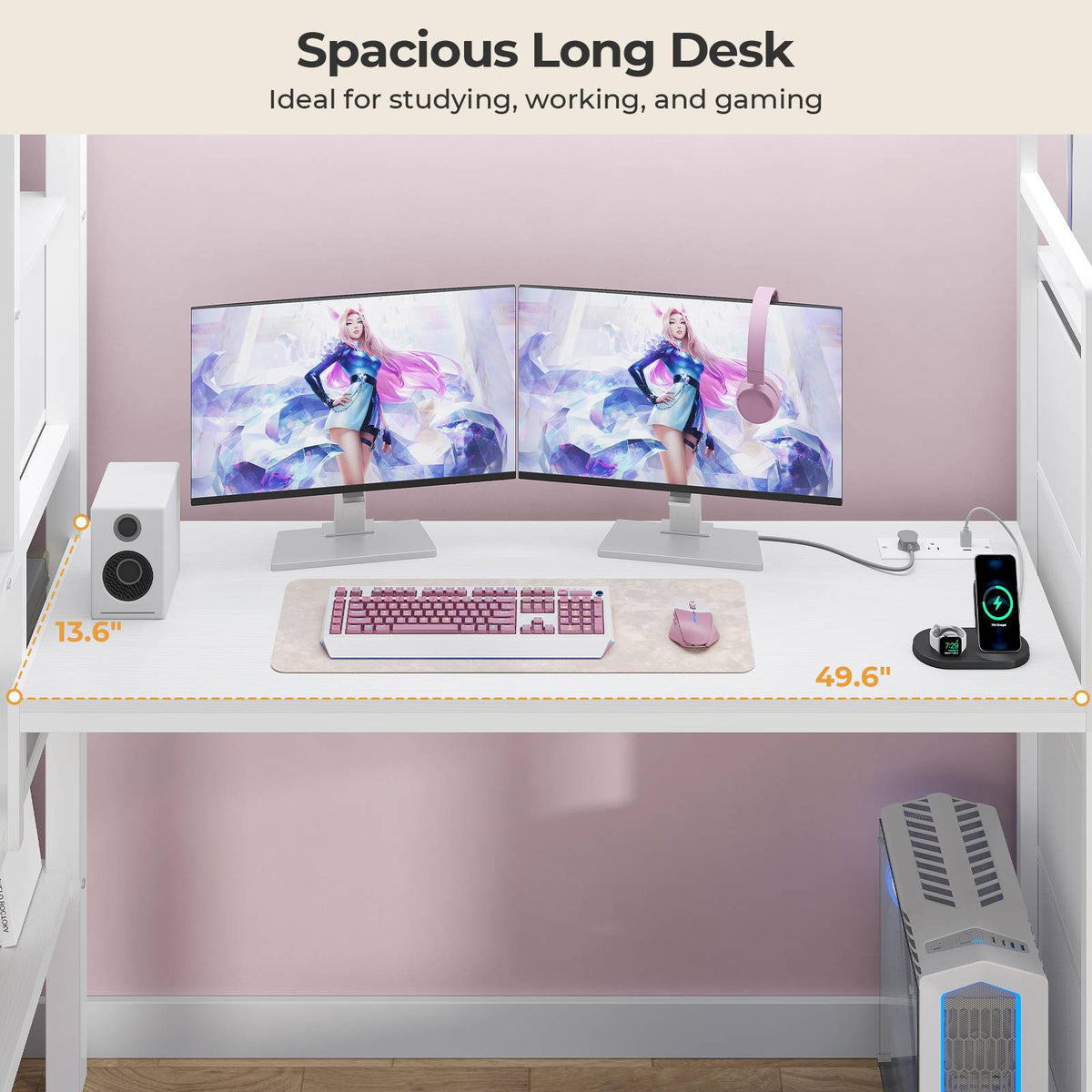 ADORNEVE | Full Size Loft Bed with Desk and Storage Stairs LED Metal Loft Bed with Charging Station and 12 Drawers Open Shelves