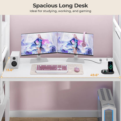 ADORNEVE | Full Size Loft Bed with Desk and Storage Stairs LED Metal Loft Bed with Charging Station and 12 Drawers Open Shelves
