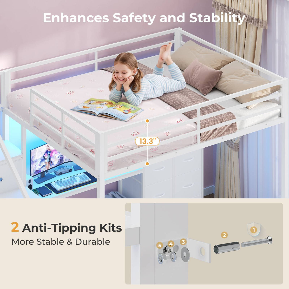 ADORNEVE | Full Size Loft Bed with Desk and Storage Stairs LED Metal Loft Bed with Charging Station and 12 Drawers Open Shelves