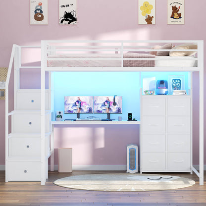 ADORNEVE | Full Size Loft Bed with Desk and Storage Stairs LED Metal Loft Bed with Charging Station and 12 Drawers Open Shelves