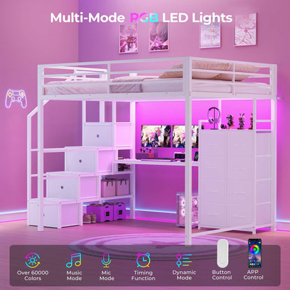 ADORNEVE | Full Size Loft Bed with Desk and Storage Stairs LED Metal Loft Bed with Charging Station and 12 Drawers Open Shelves
