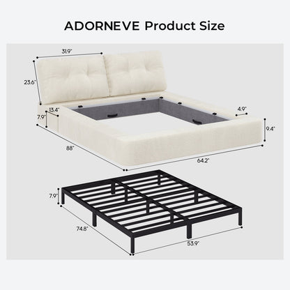 ADORNEVE Upholstered Cloud Bed Frame Full Size with 2 Removable Pillows and 4.9" Fully Cushioned Foam 2 Side Pockets
