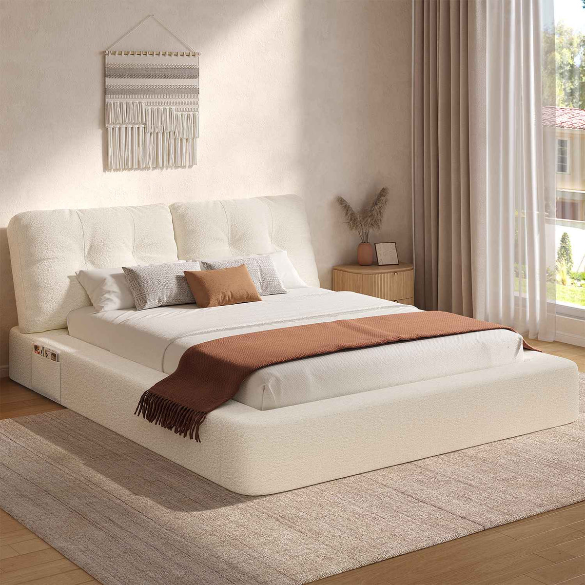 ADORNEVE Upholstered Cloud Bed Frame Full Size with 2 Removable Pillows and 4.9" Fully Cushioned Foam 2 Side Pockets