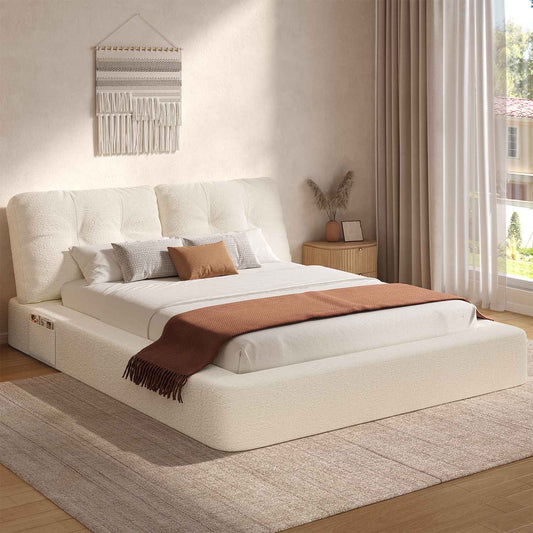 ADORNEVE Upholstered Cloud Bed Frame Full Size with 2 Removable Pillows and 4.9" Fully Cushioned Foam 2 Side Pockets