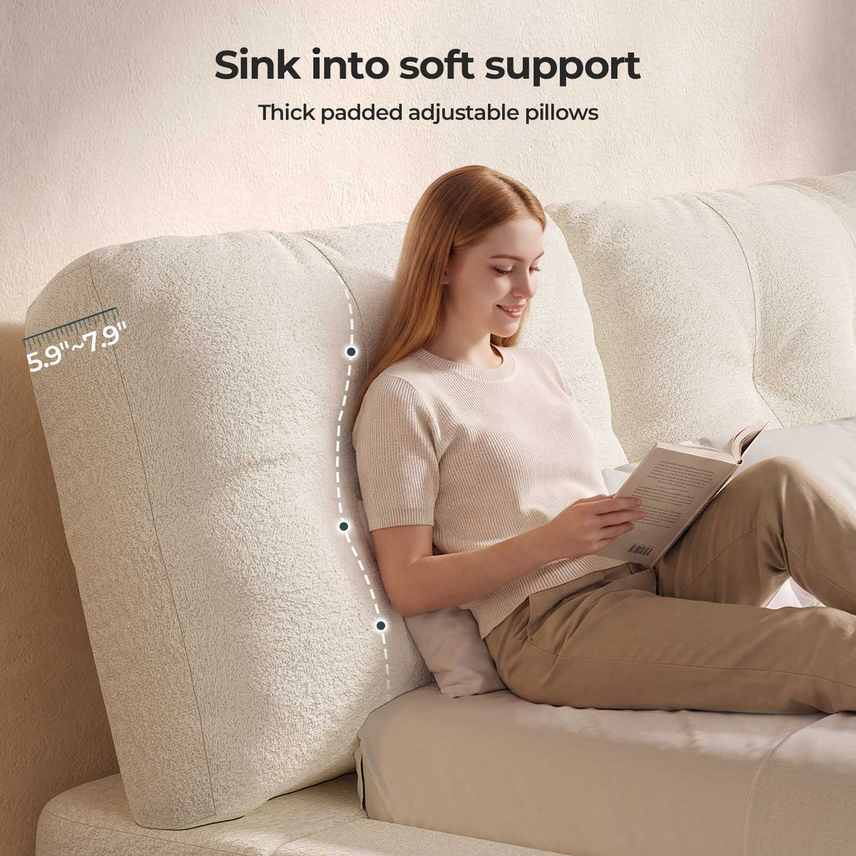 ADORNEVE Upholstered Cloud Bed Frame Queen with 2 Removable Pillows and 4.9" Fully Cushioned Foam 2 Side Pockets