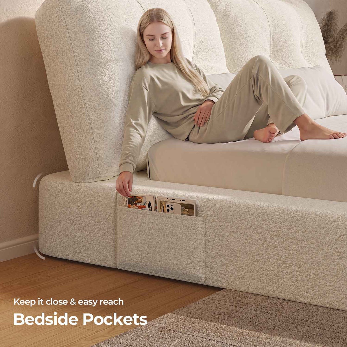 ADORNEVE Upholstered Cloud Bed Frame Queen with 2 Removable Pillows and 4.9" Fully Cushioned Foam 2 Side Pockets