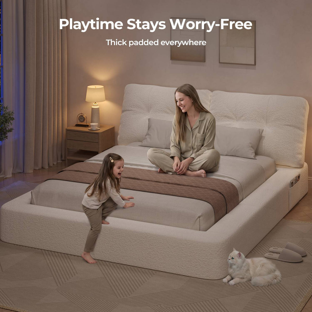 ADORNEVE Upholstered Cloud Bed Frame Queen with 2 Removable Pillows and 4.9" Fully Cushioned Foam 2 Side Pockets