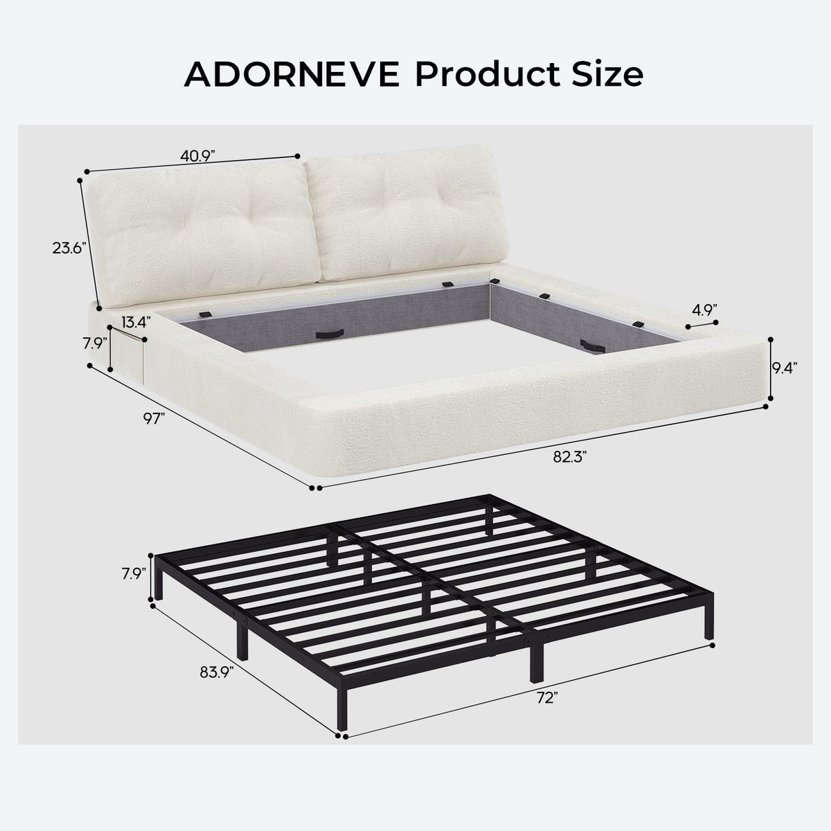 ADORNEVE California King Cloud Bed Frame with Pillow-Back Headboard and 4.9" Fully Cushioned Foam 2 Side Pockets